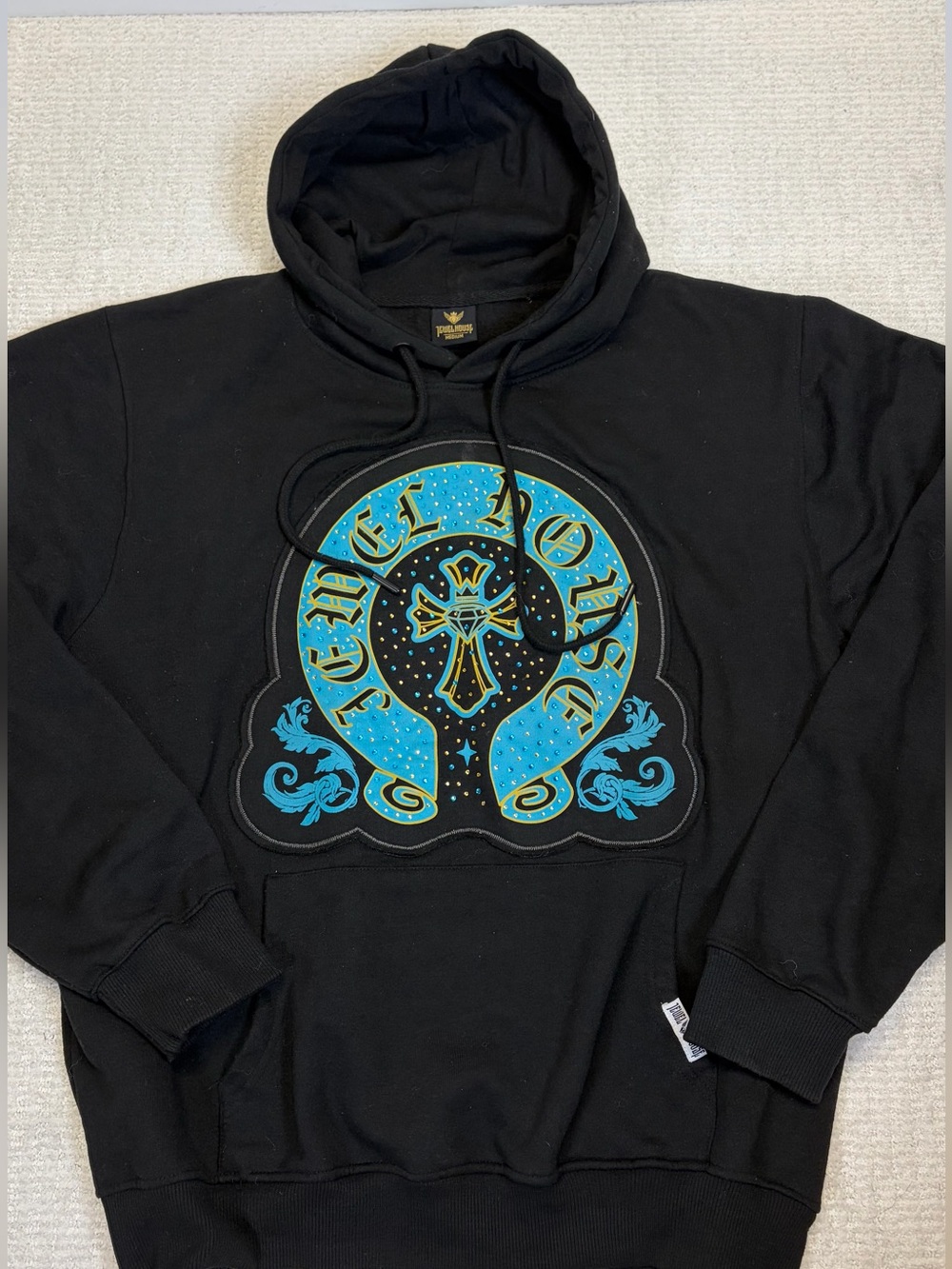 Jewel House Black Blue Cross Graphic Hoodie Pullover Sweatshirt Size M